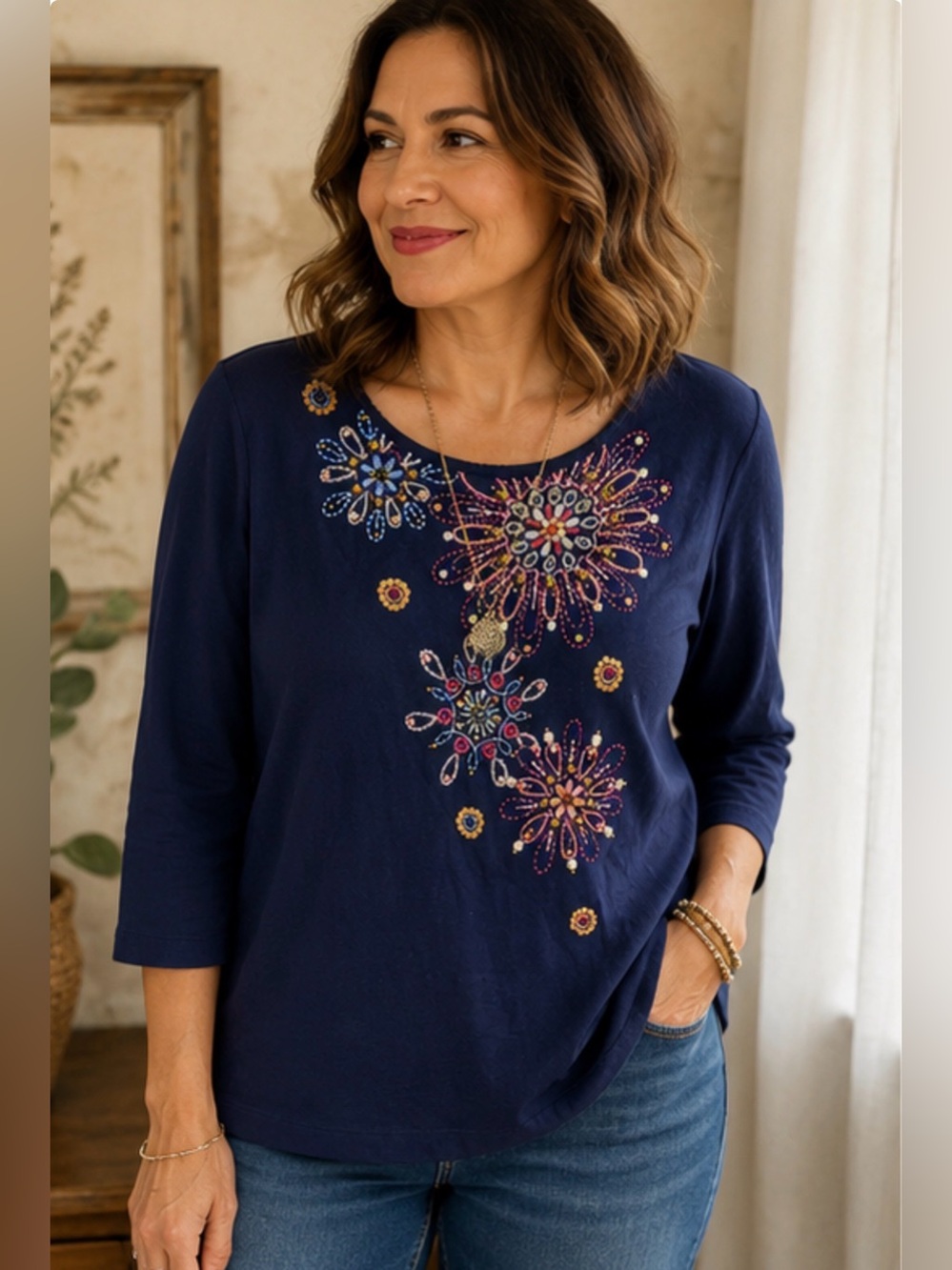 Alfred Dunner Blue Embroidered Beaded Floral Top‎ Sz S